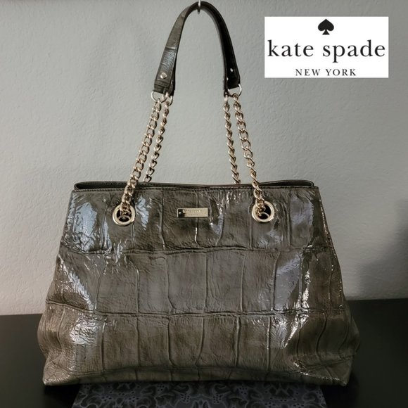 kate spade Handbags - Kate Spade Helena Patent Leather Croc Embossed Tote Green-Grey with Gold Chains